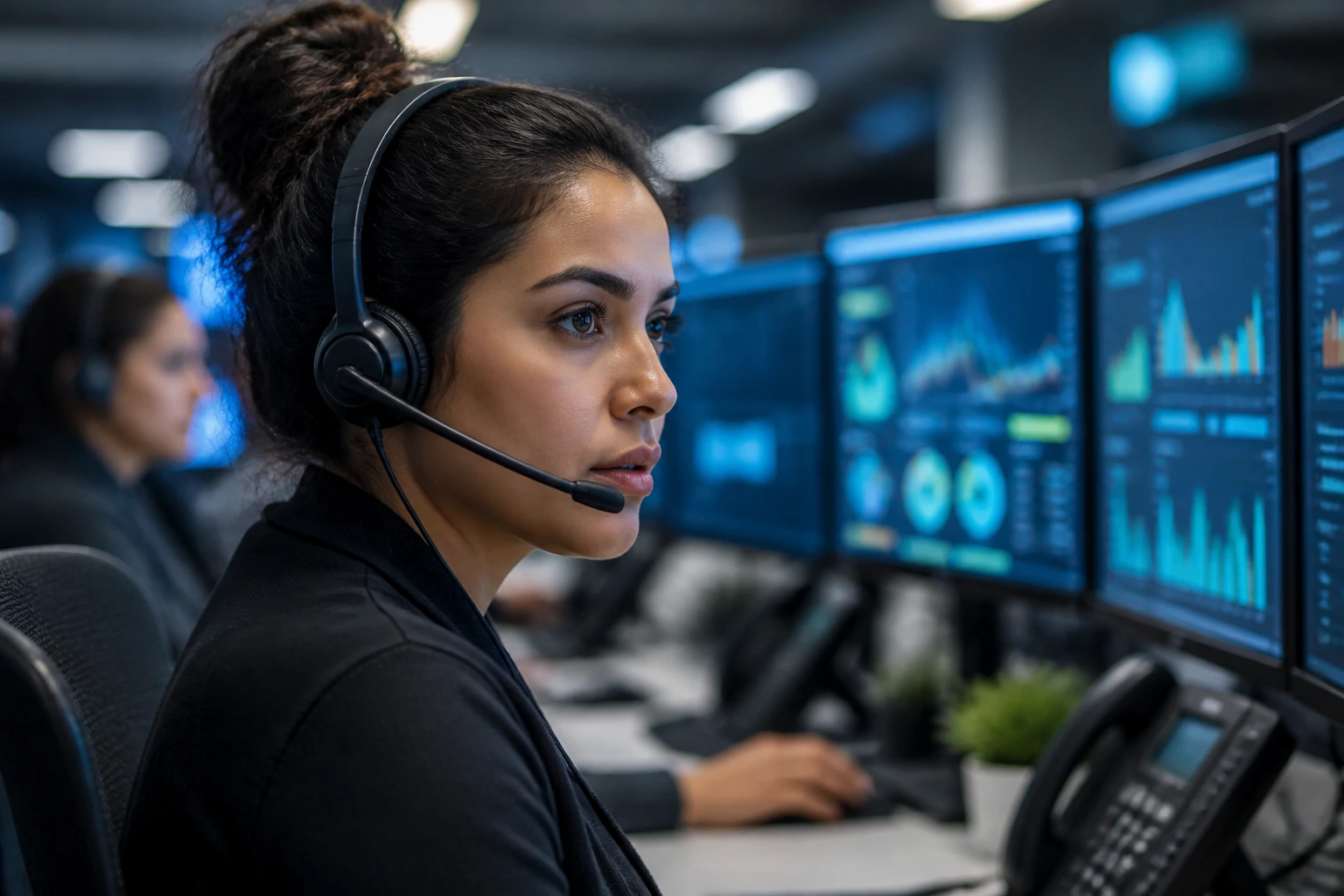 Real call center agent wearing a headset at a desk with multiple monitors.