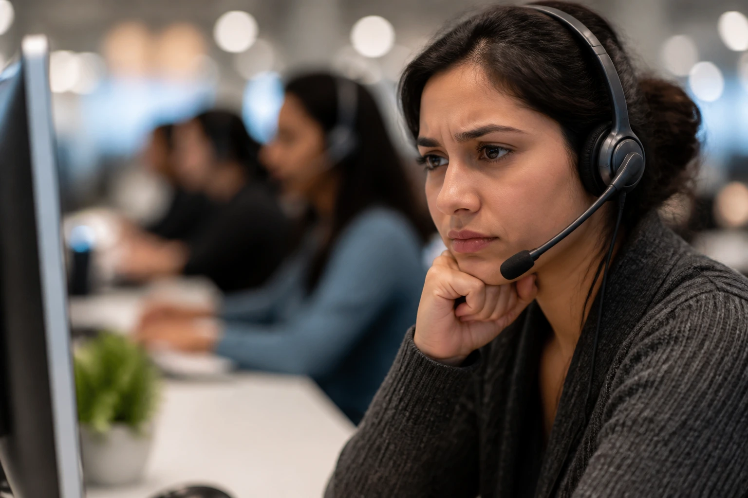 Close-up of a call-center professional wearing a headset in an office setting.
