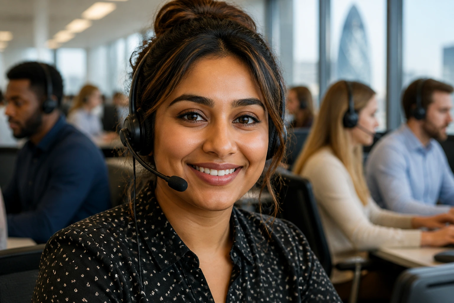 Close-up portrait of a diverse call centre agent wearing a headset in a modern UK office