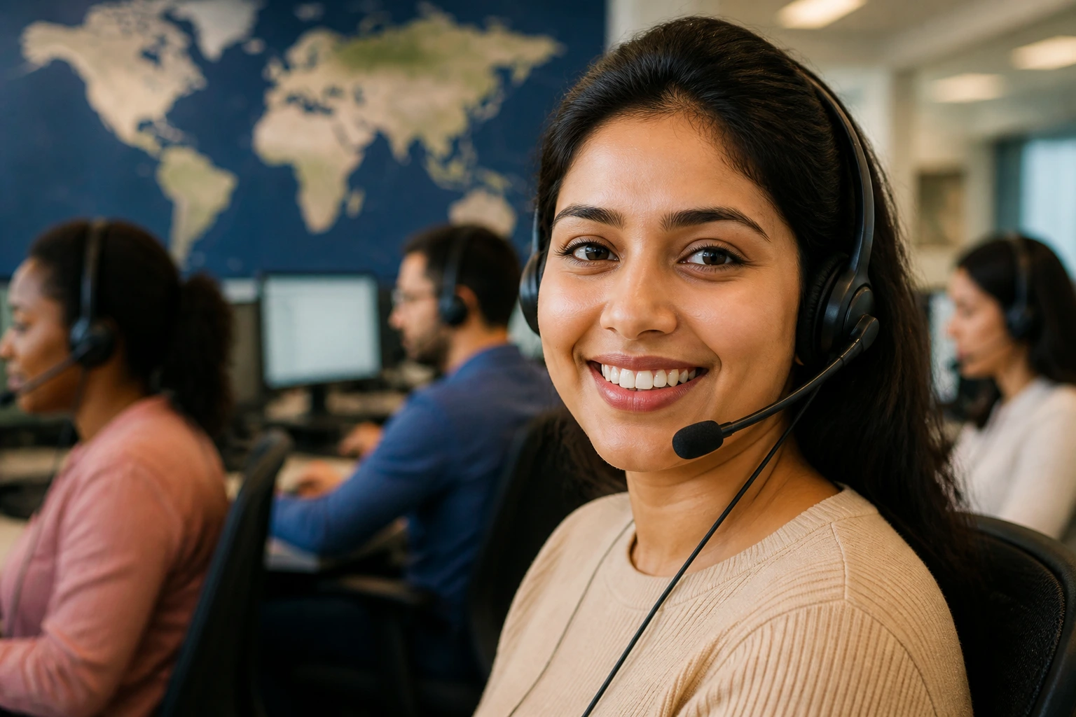 Close-up portrait of a diverse call centre agent in headset in a busy office.