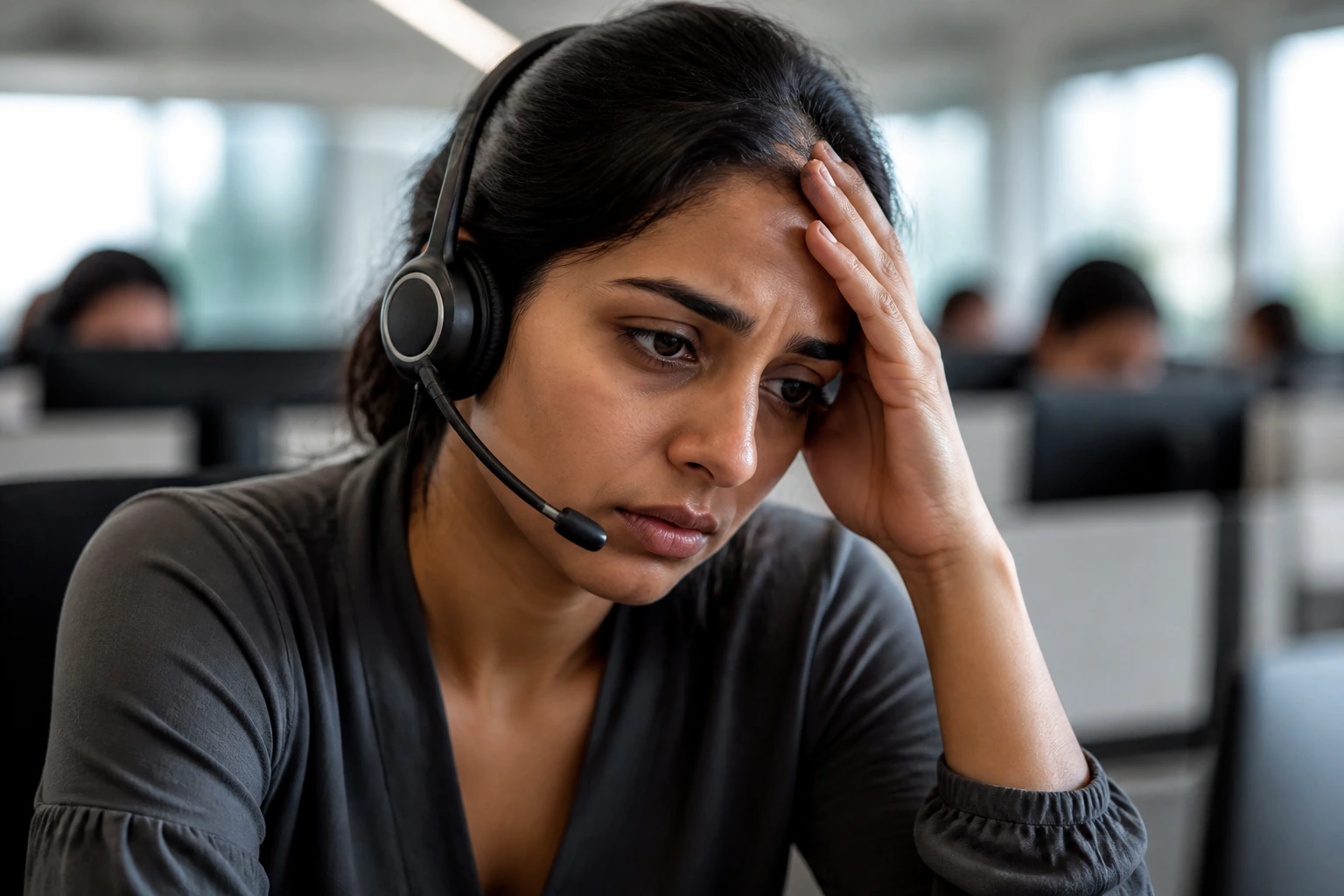 Close-up of a tired call centre agent with headset in a softly lit office
