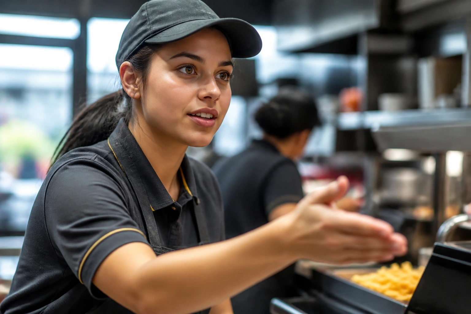 Close-up portrait of a calm crew member amid a busy UK restaurant, showing calm communication and focus