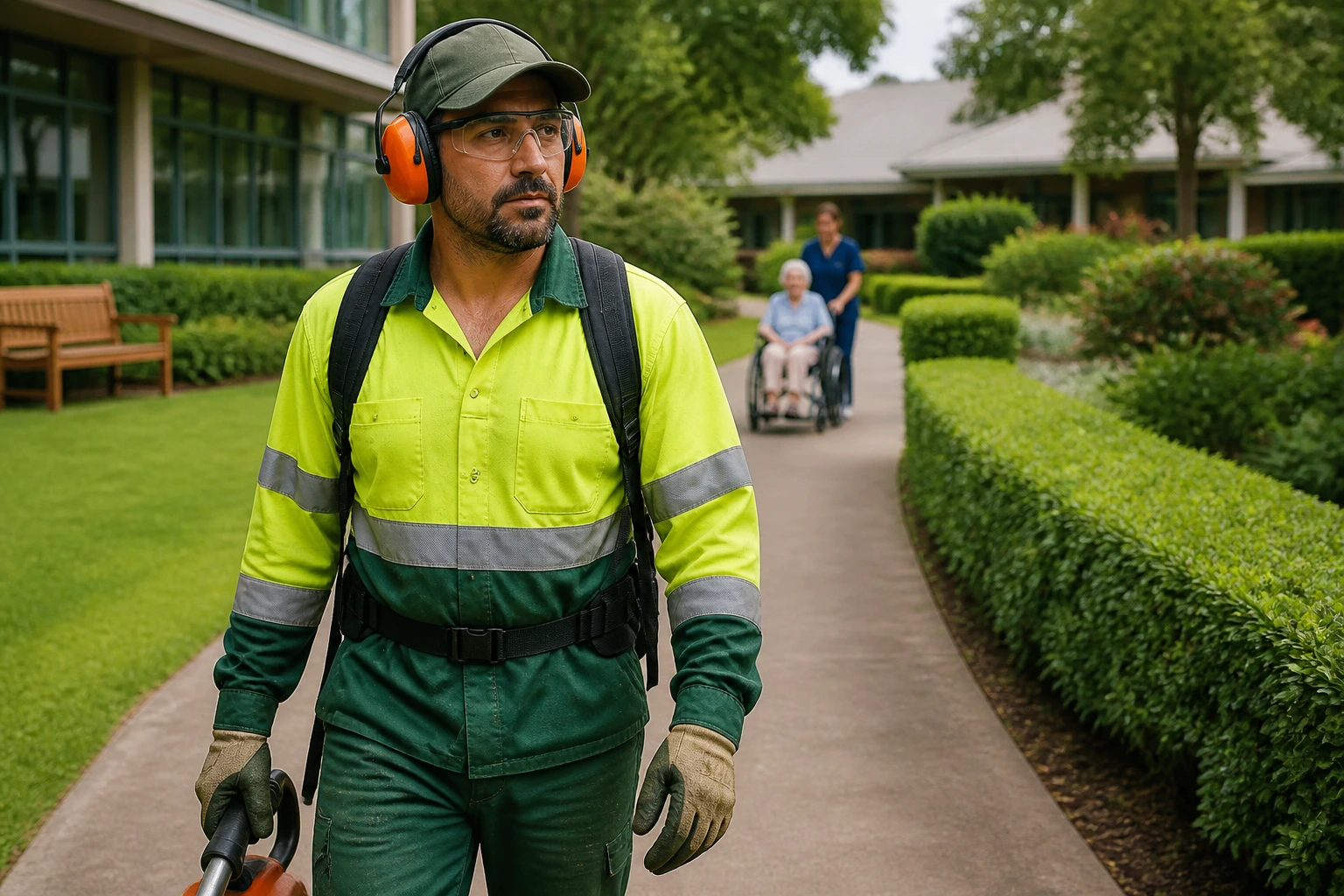 Groundskeeper in campus setting wearing safety gear