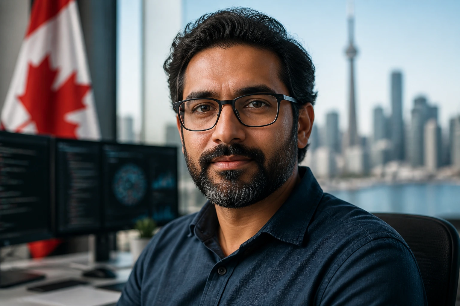 Close-up portrait of a senior AI engineer in a Canadian office with city skyline