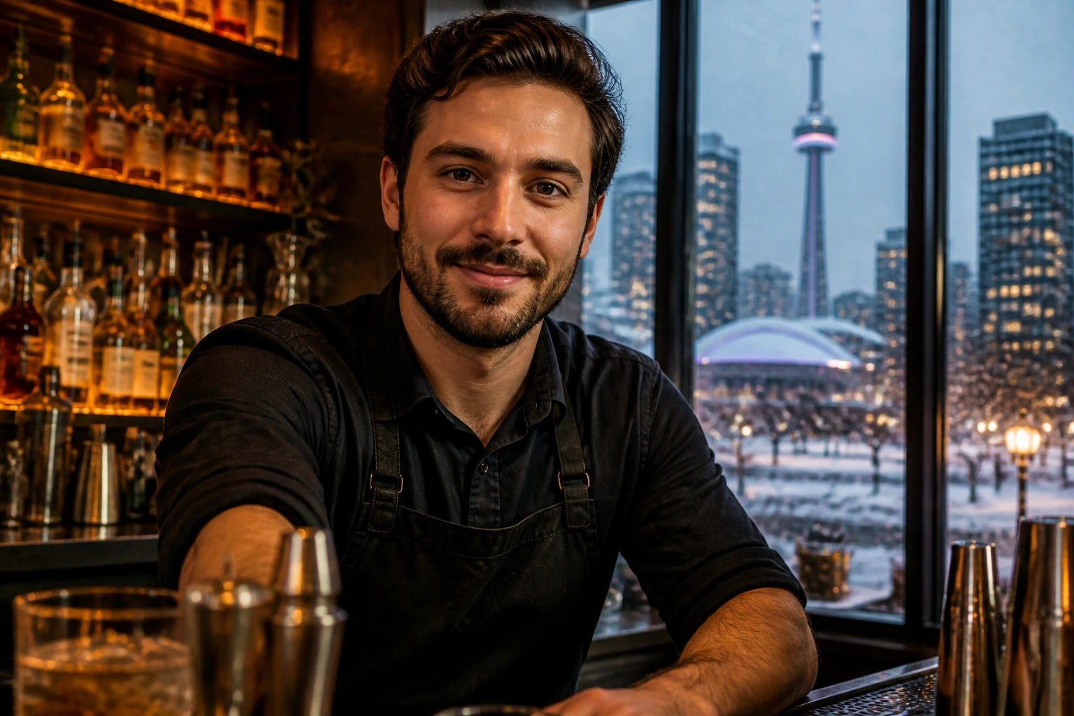 Portrait of a bartender in a Canadian bar with winter scenery outside