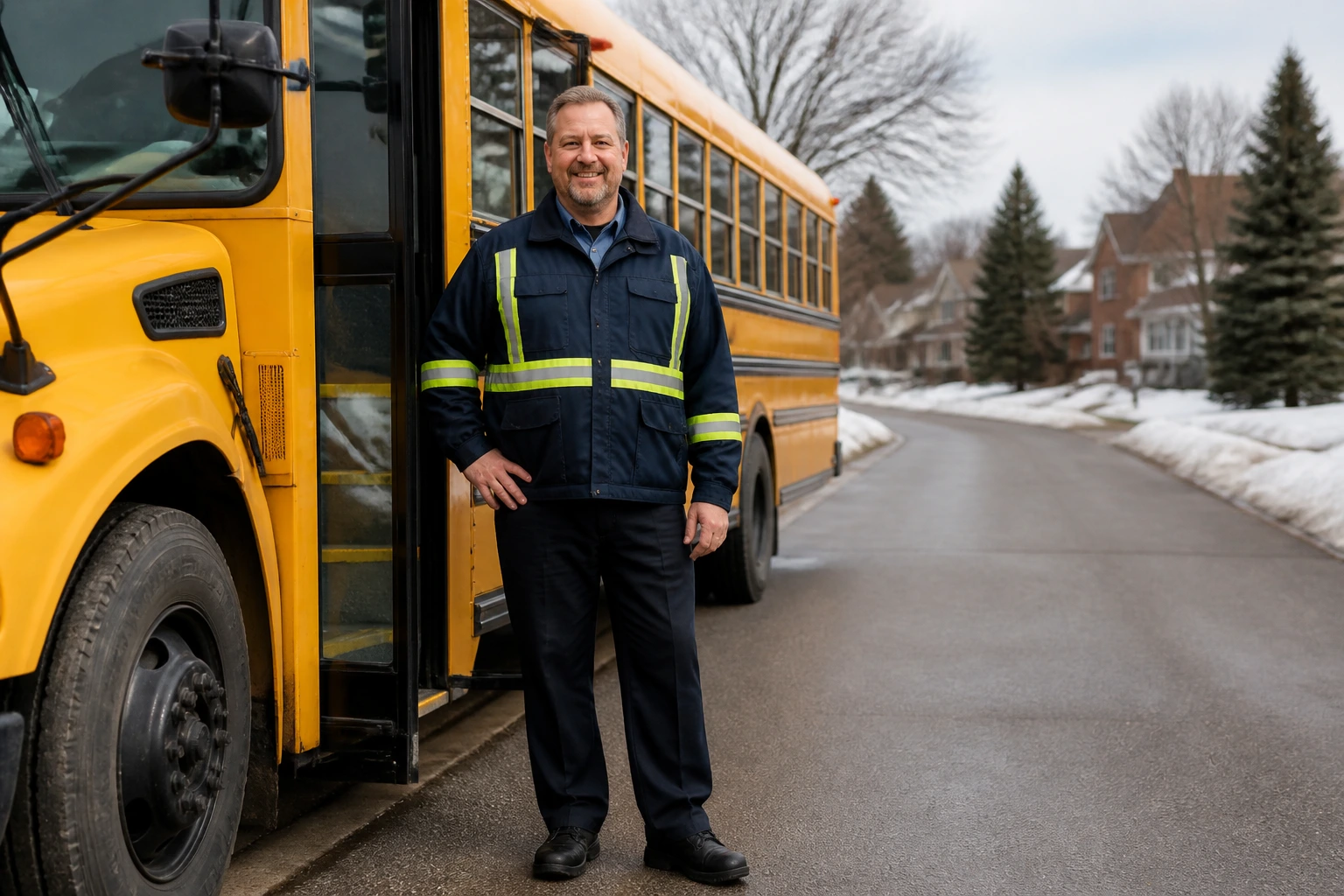 Bus driver in uniform standing beside a school bus in a Canadian suburb