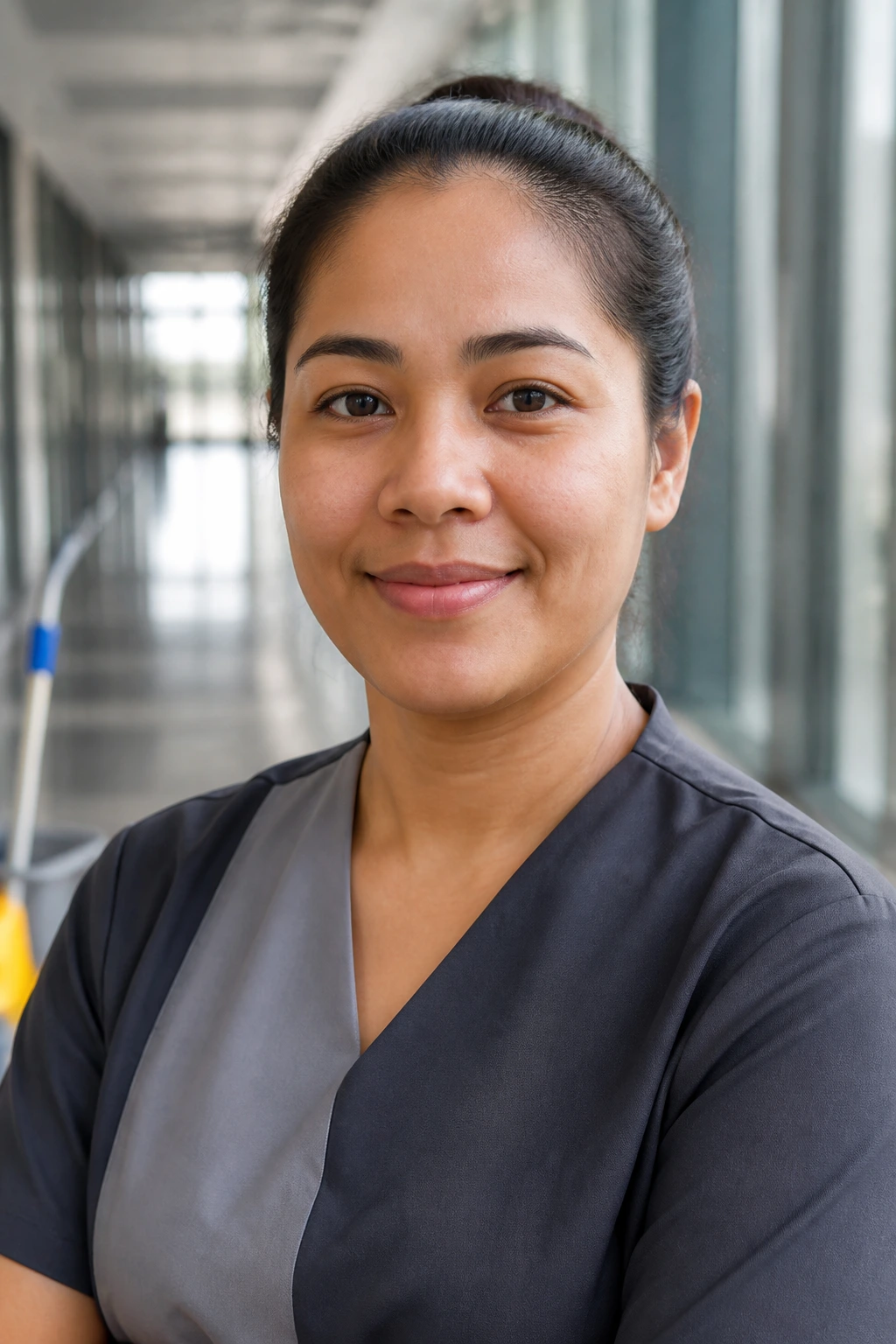Close-up of a real cleaner in uniform in a bright office corridor