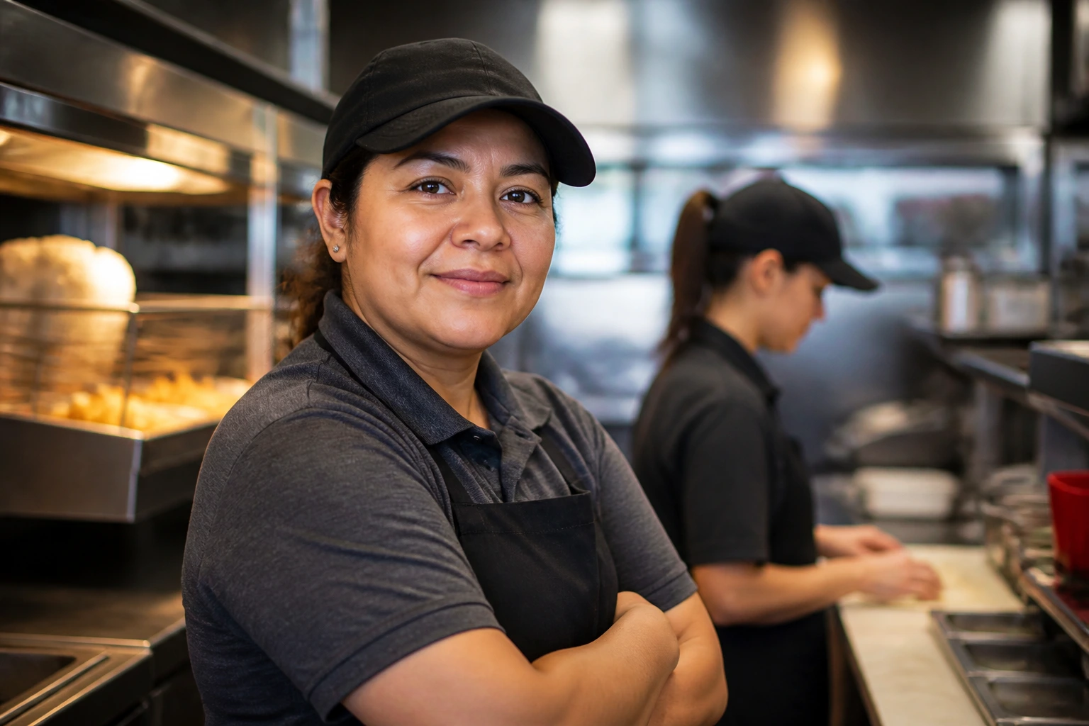 Portrait of a crew member in a Canadian fast-food kitchen suggesting path to supervisor.