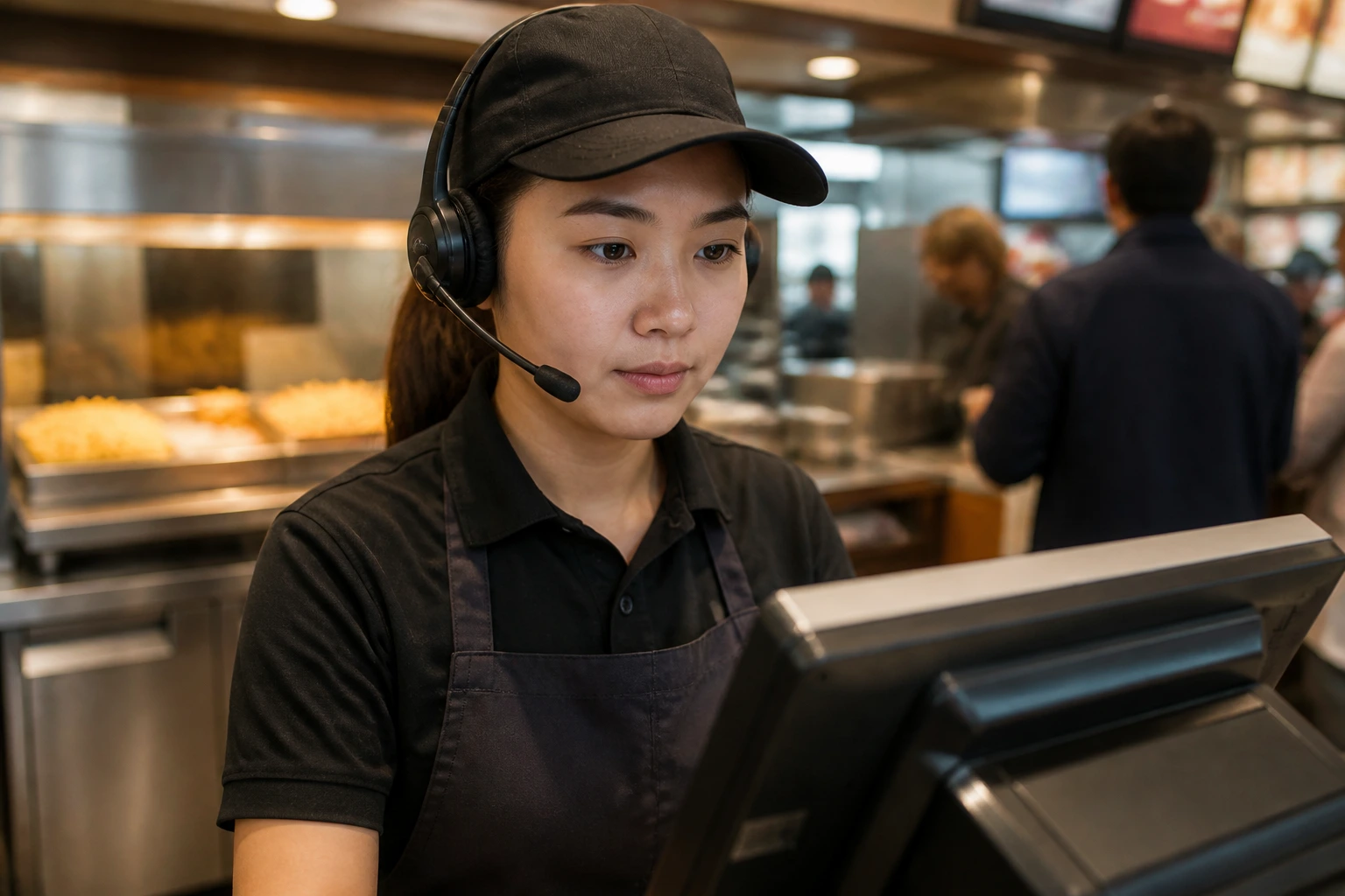 Close-up of a new quick-service crew member behind a counter in a Canadian fast-food restaurant.