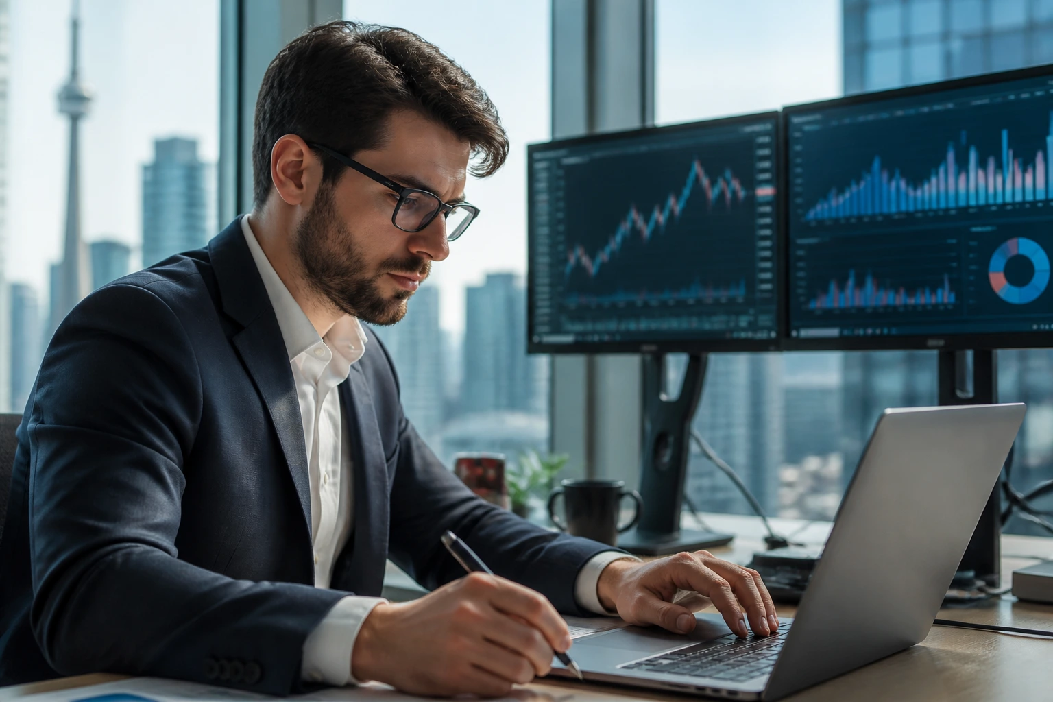 Close-up portrait of a Canadian financial analyst at a workstation with monitors showing graphs