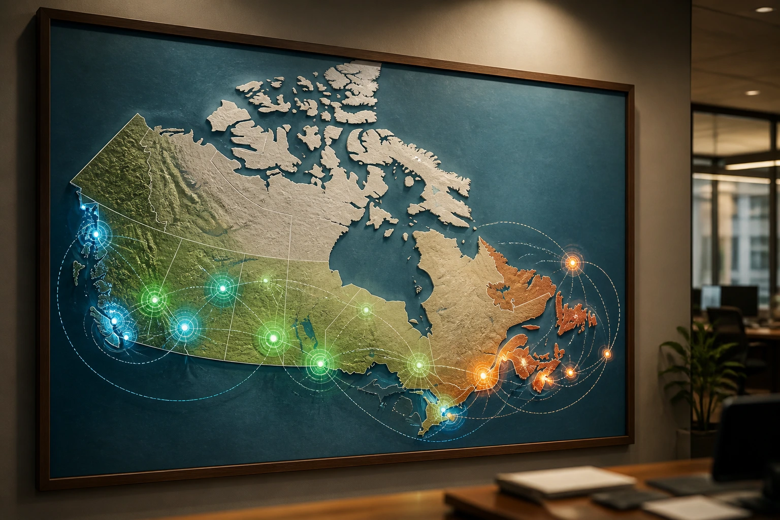Stylized map showing Canadian geographic hubs for fisheries and processing