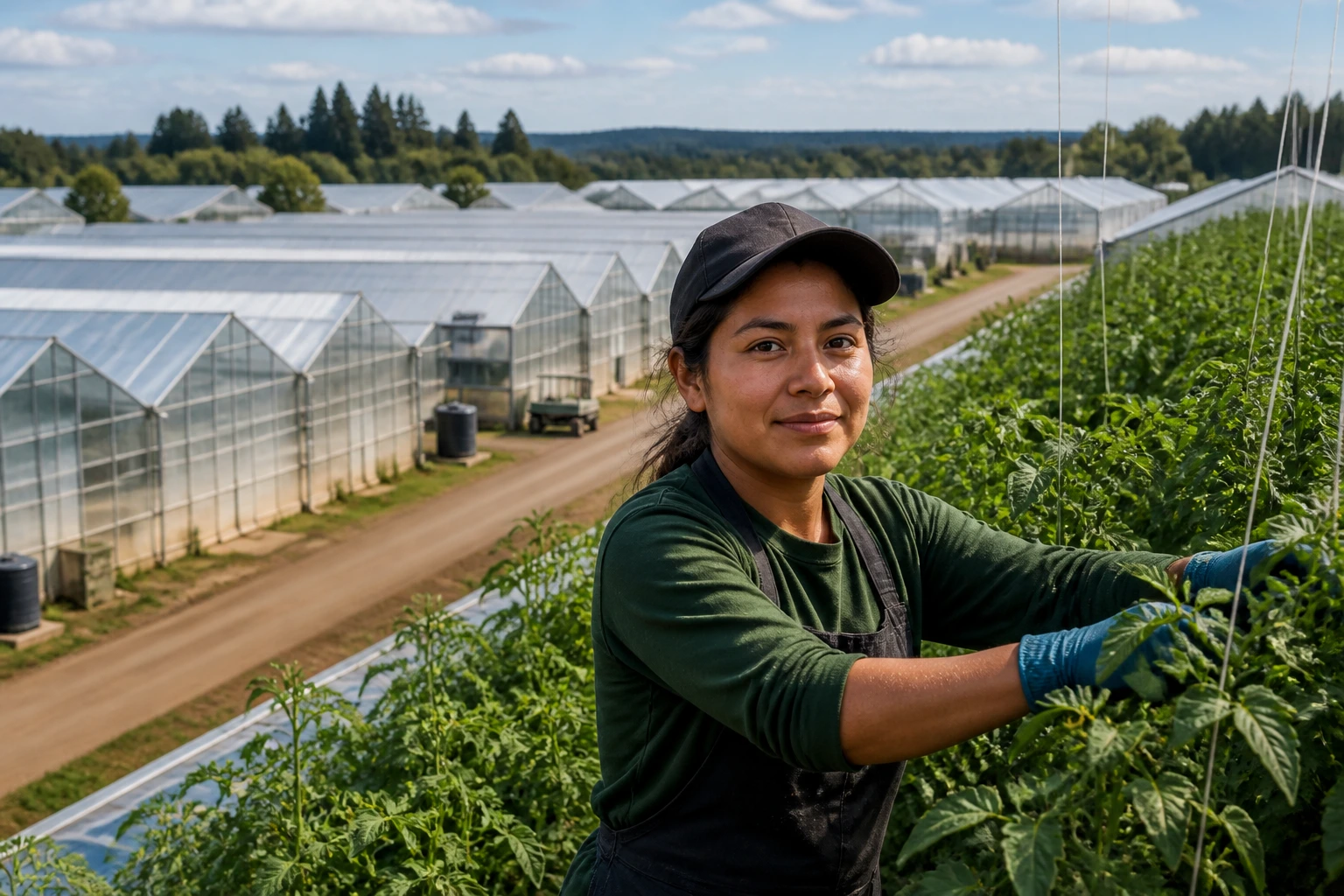 Greenhouse worker with cluster of Canadian greenhouses in background
