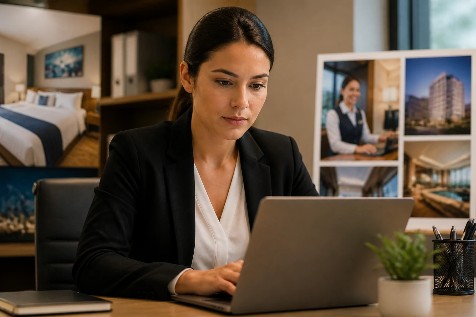 Person researching hotel front desk jobs on laptop in HR office