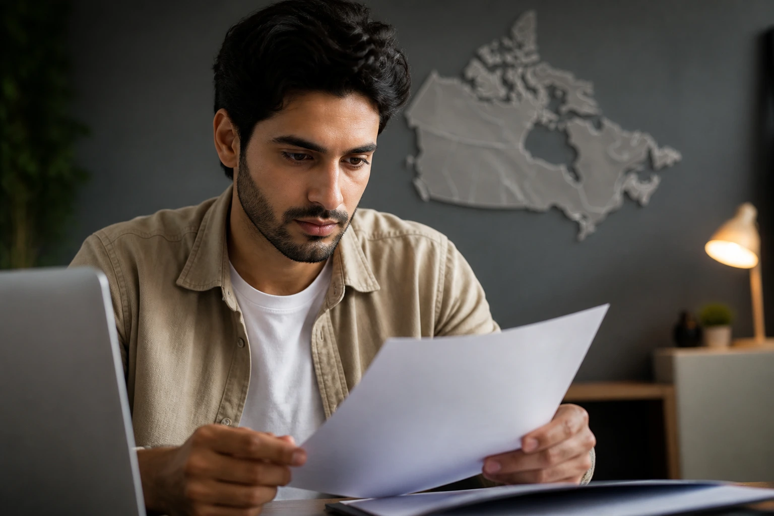Person reviewing immigration-related documents with a Canada outline map on the wall (text-free).