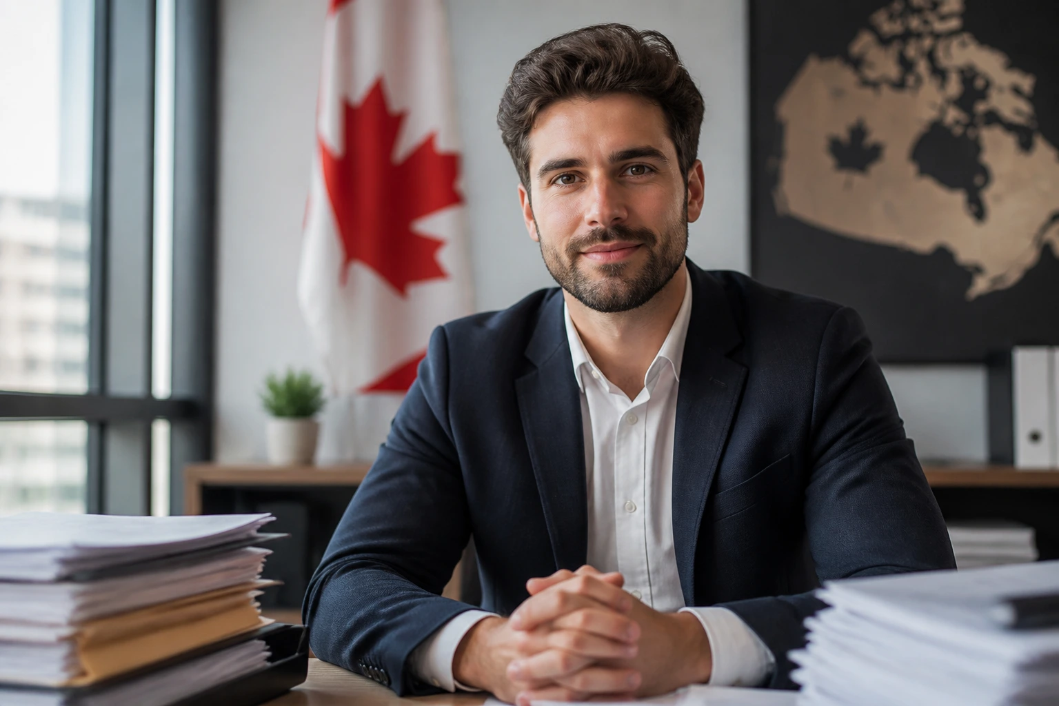 Close-up portrait of a confident worker in an office with a subtle Canadian motif, representing transition to permanent residency
