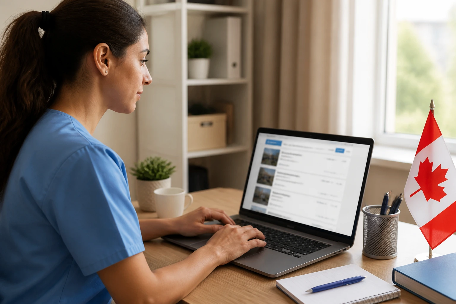 Job seeker browsing Canadian medical assistant job postings on laptop.