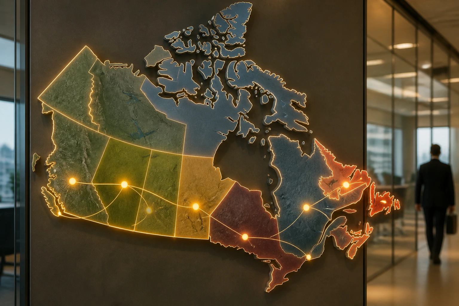 Close-up of a stylized map of Canada with glowing province outlines and connecting pathways, representing provincial nominee programs
