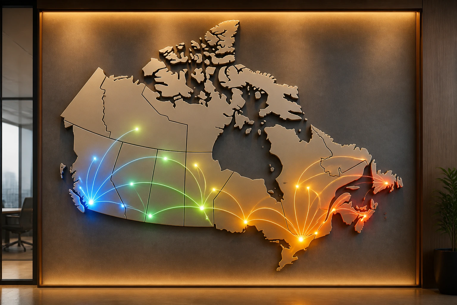 Abstract map highlighting busy mover regions in Canada without labels