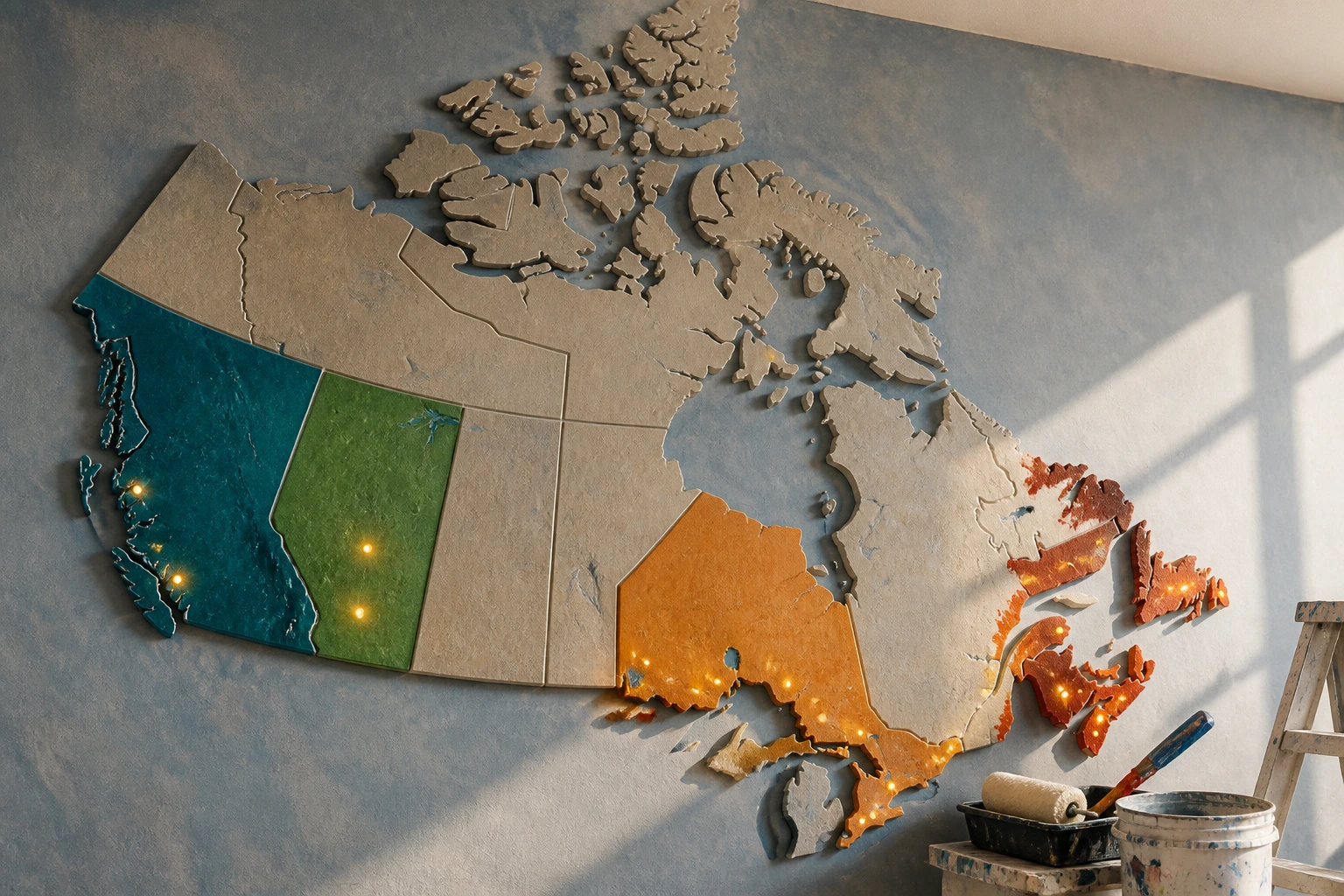 Color-coded Canada map highlighting painter job hotspots on wall