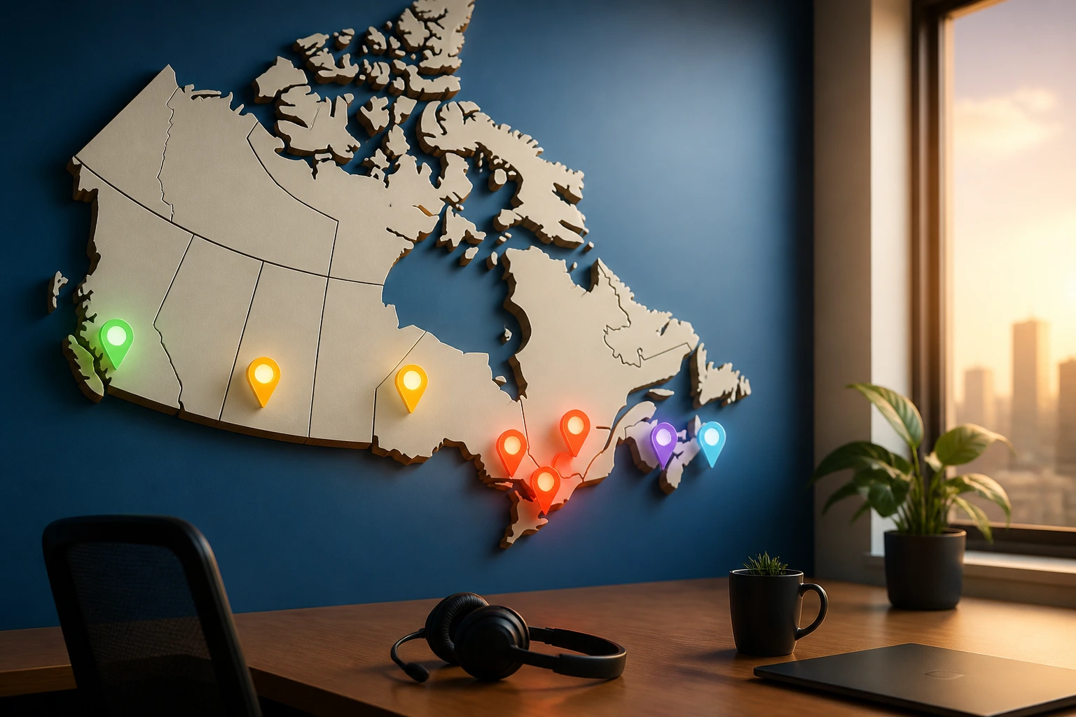 Stylized map of Canada with colorful pins indicating hubs.
