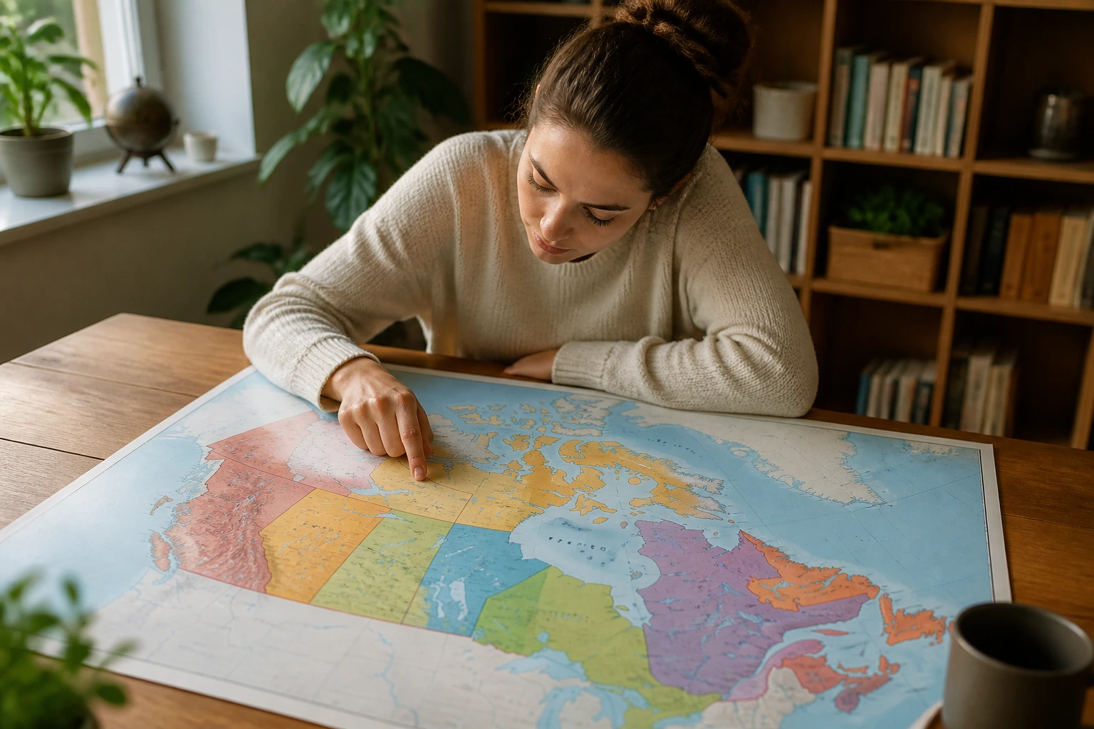 Person pointing at a Canada map on a table