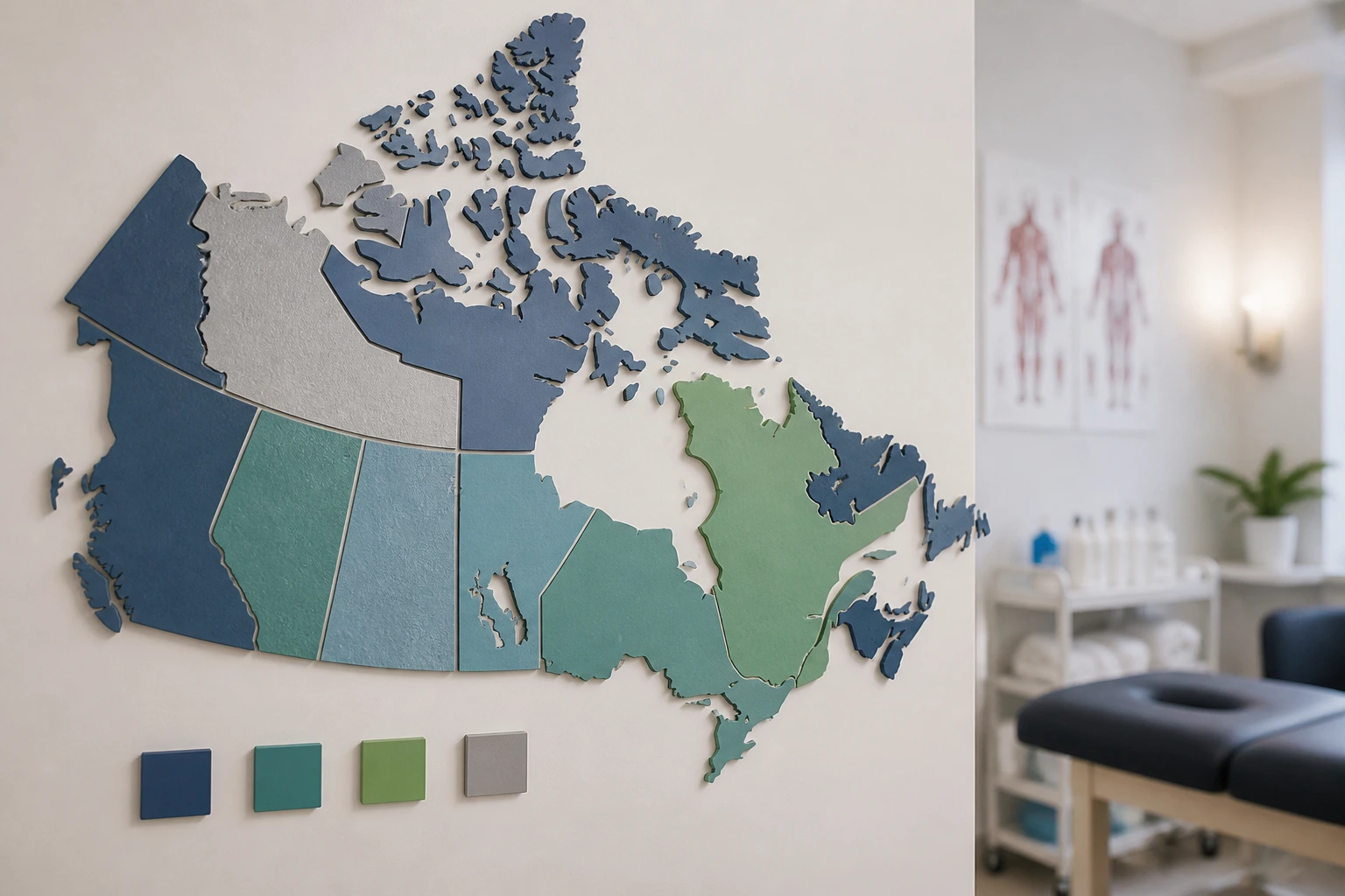 Large wall map of Canada filling the frame in a clinical office