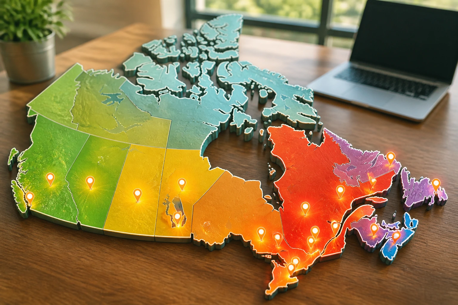 Canada map highlighting provinces with sanitation job openings, no text visible