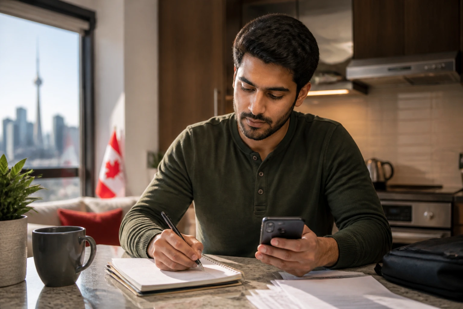 Close-up of a newcomer planning onboarding tasks at home with phone and notebook in a cozy kitchen setting