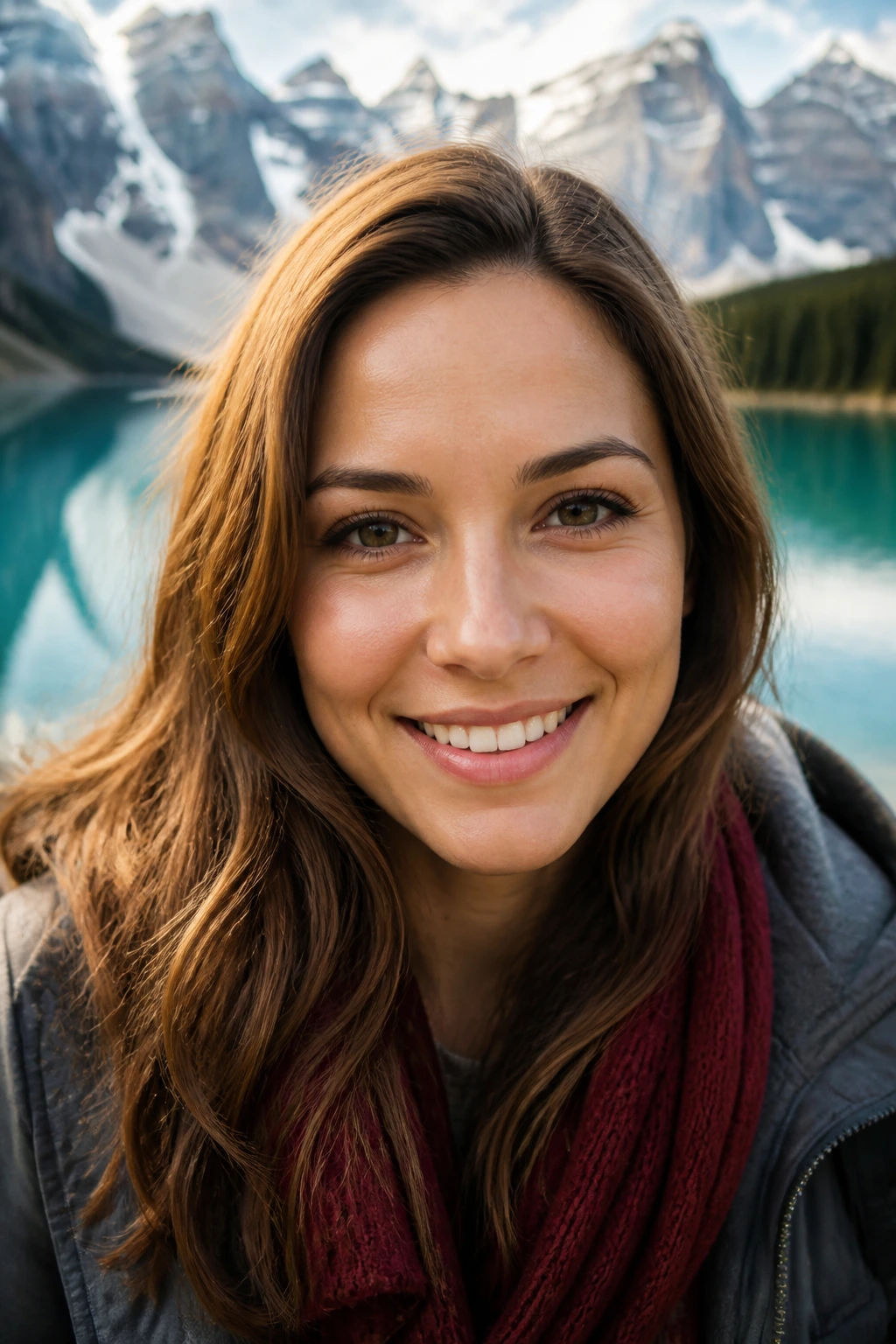Close-up portrait of a professional with a Canadian landscape background.