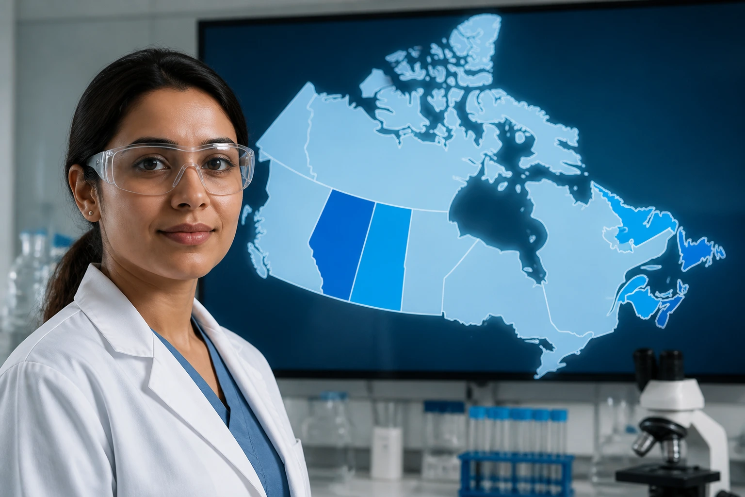 Lab professional with Canada map-like display showing regional needs in a modern lab