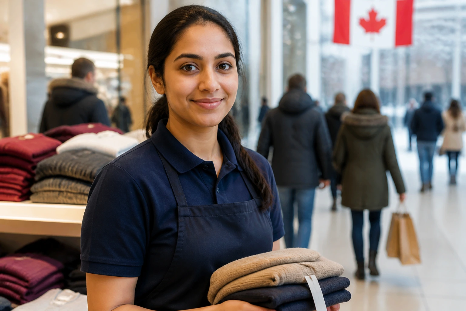 New Canadian retail worker in uniform during first weeks, focused expression