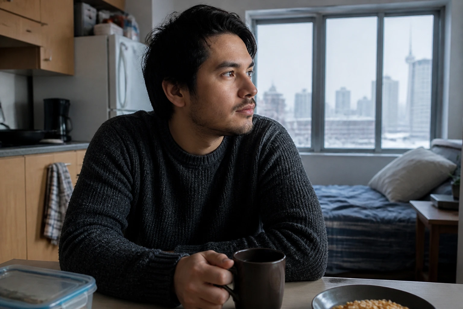 Portrait of a real person in a modest Canadian home contemplating budget living on a store salary