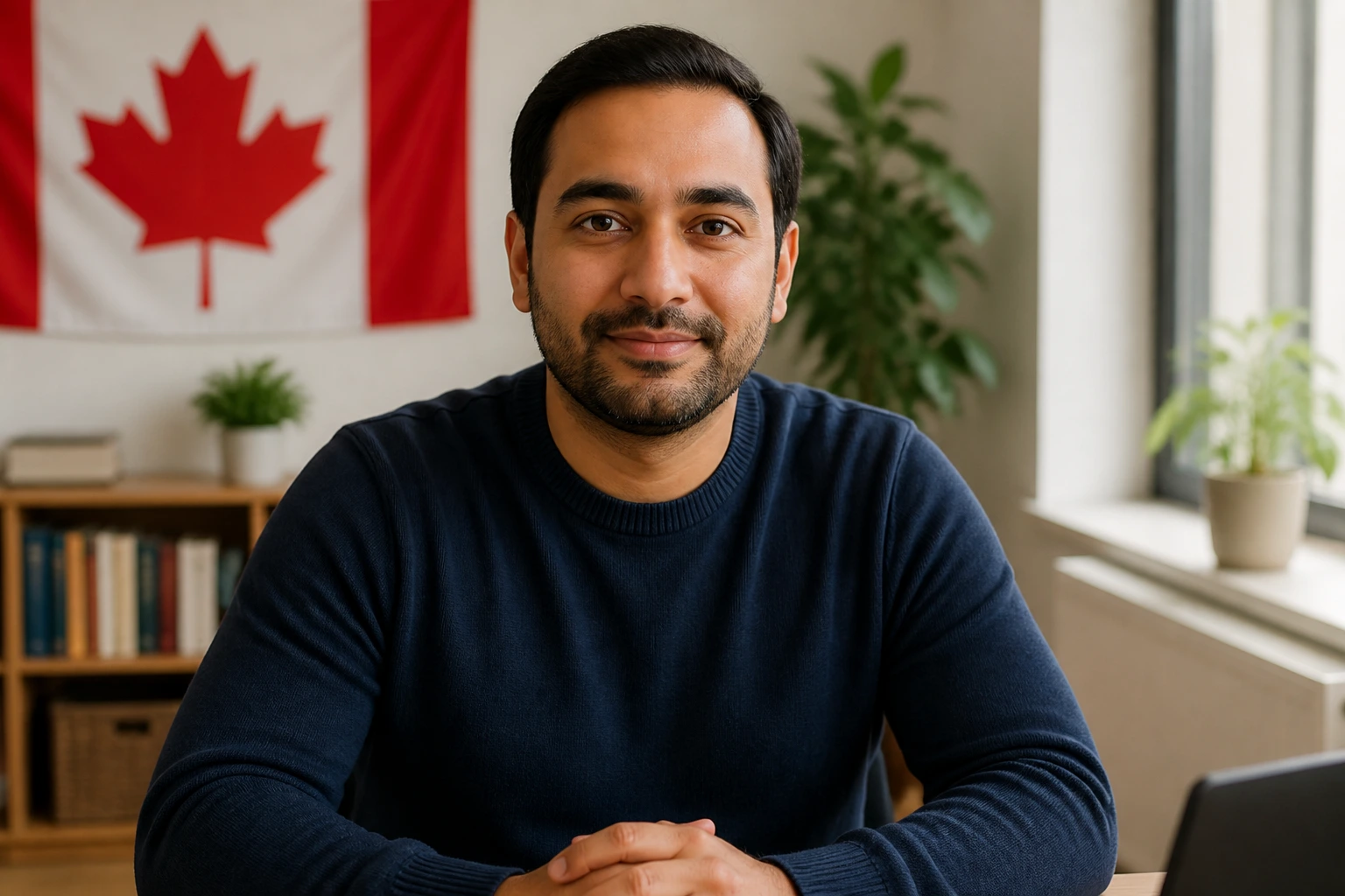 Portrait of a potential Canadian sponsor in a home office, eligibility focus