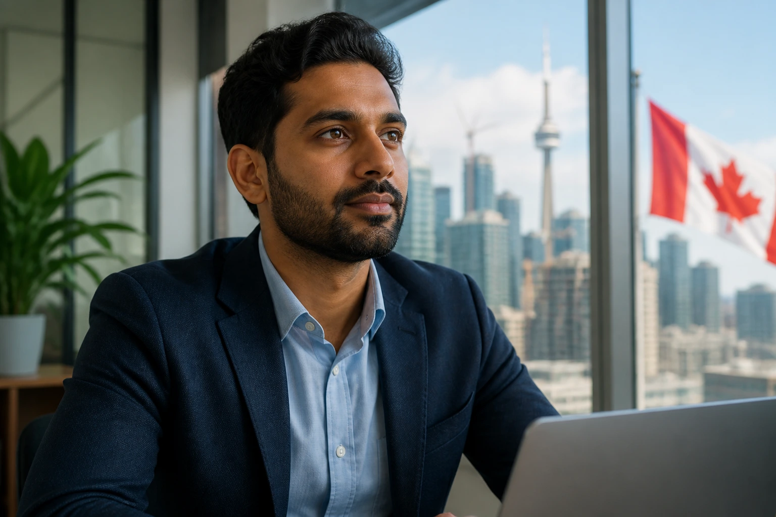 Close-up portrait of a professional immigrant planning a transition in a Canadian workplace.
