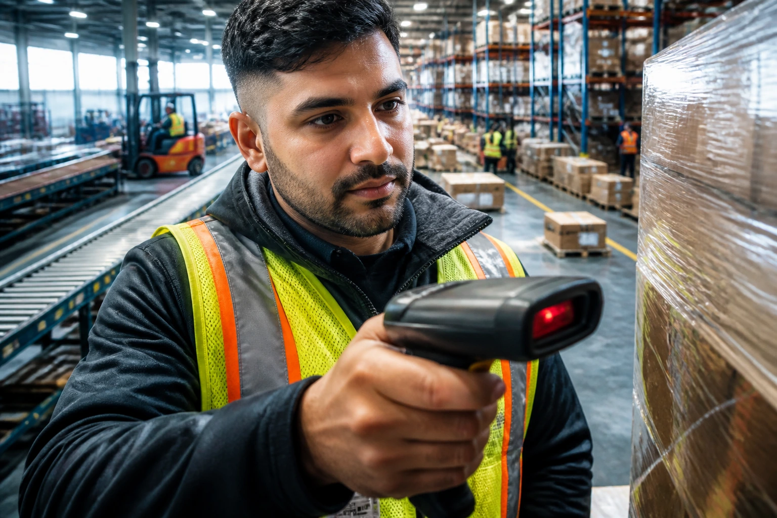 Close-up of a warehouse worker scanning a pallet in a busy Canadian fulfillment center