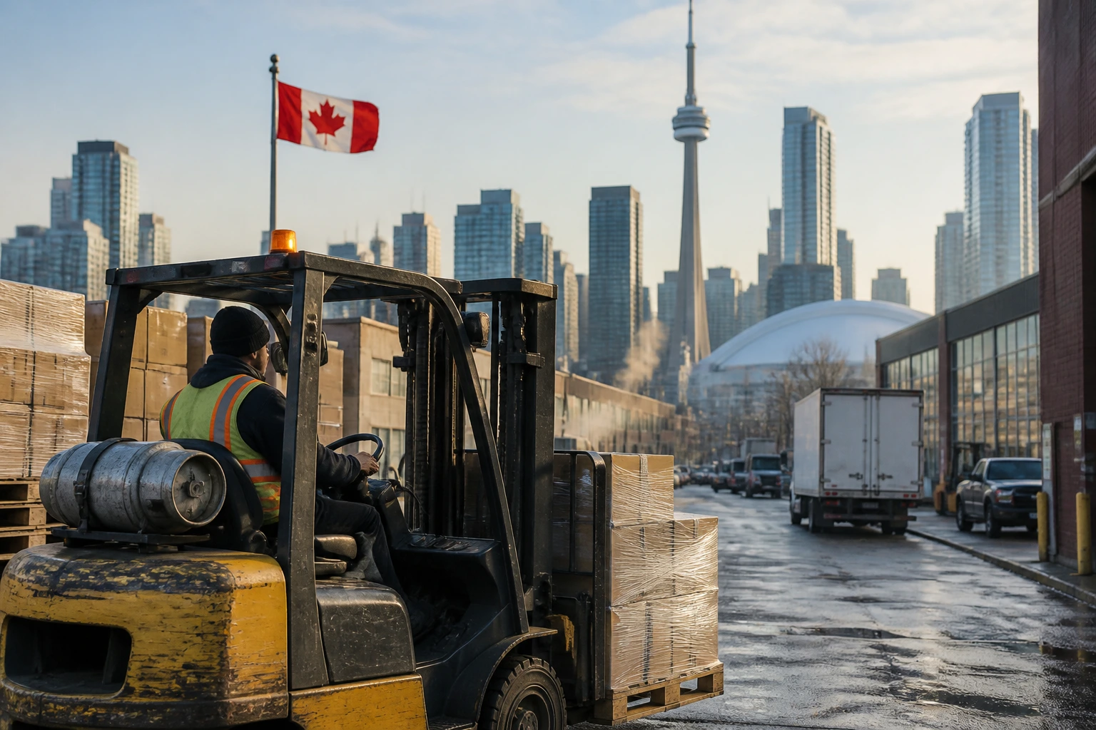 Canadian city street with industrial backdrop suggesting stronger forklift hiring markets.