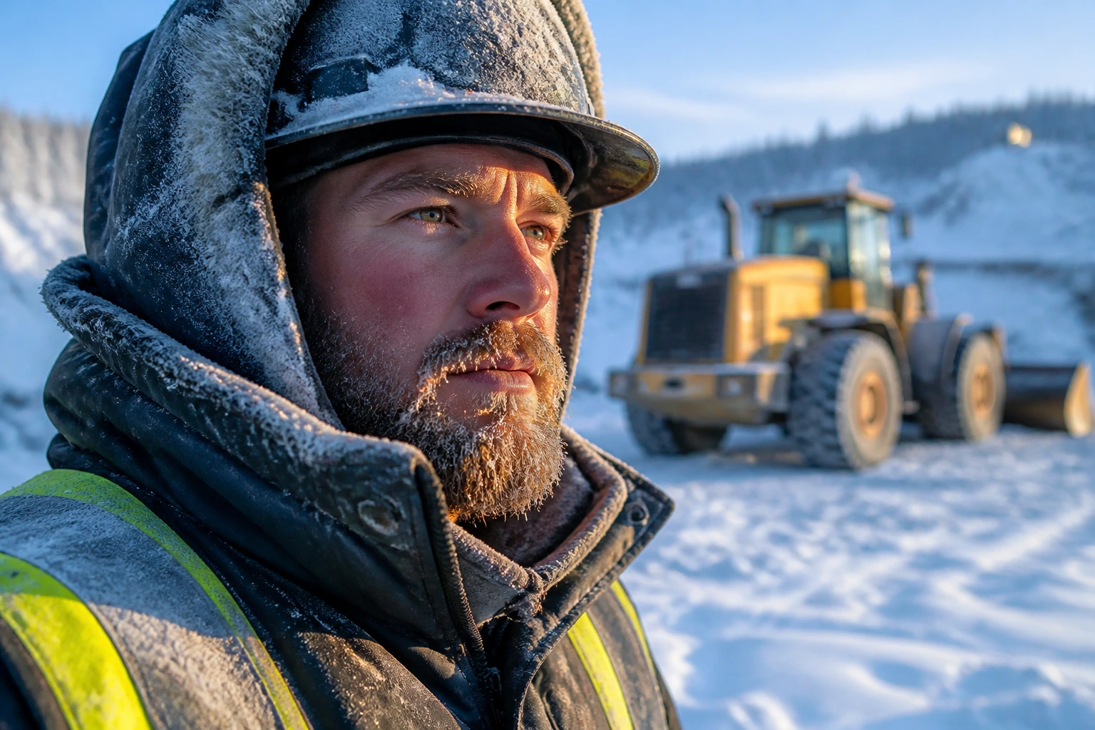 Operator in winter gear outdoors in snowy Canadian climate.
