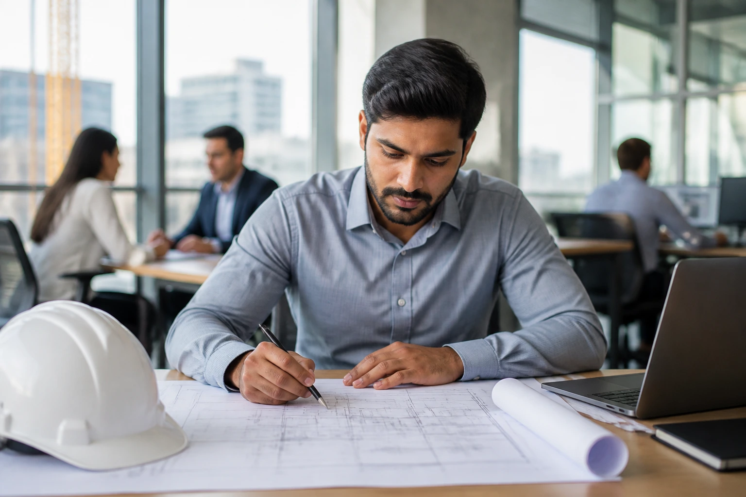 Portrait of civil engineer settling into Canadian engineering culture in a modern office