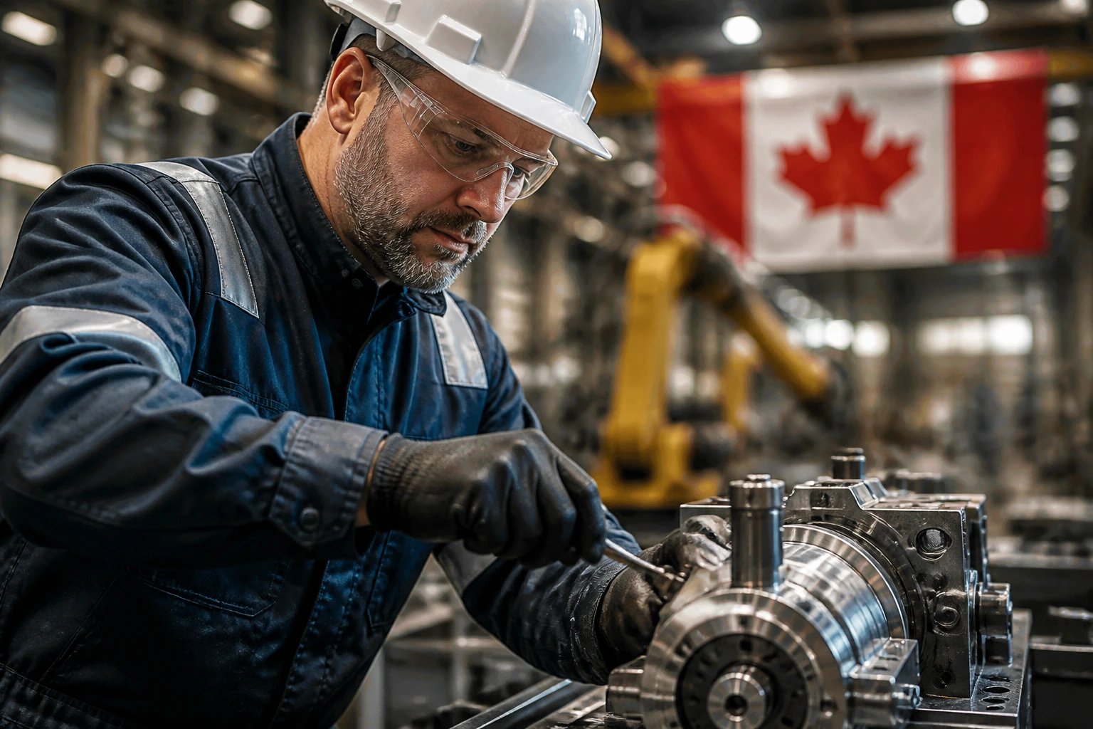 Close-up of a Canadian engineer on a factory floor representing the Canadian engineering job market