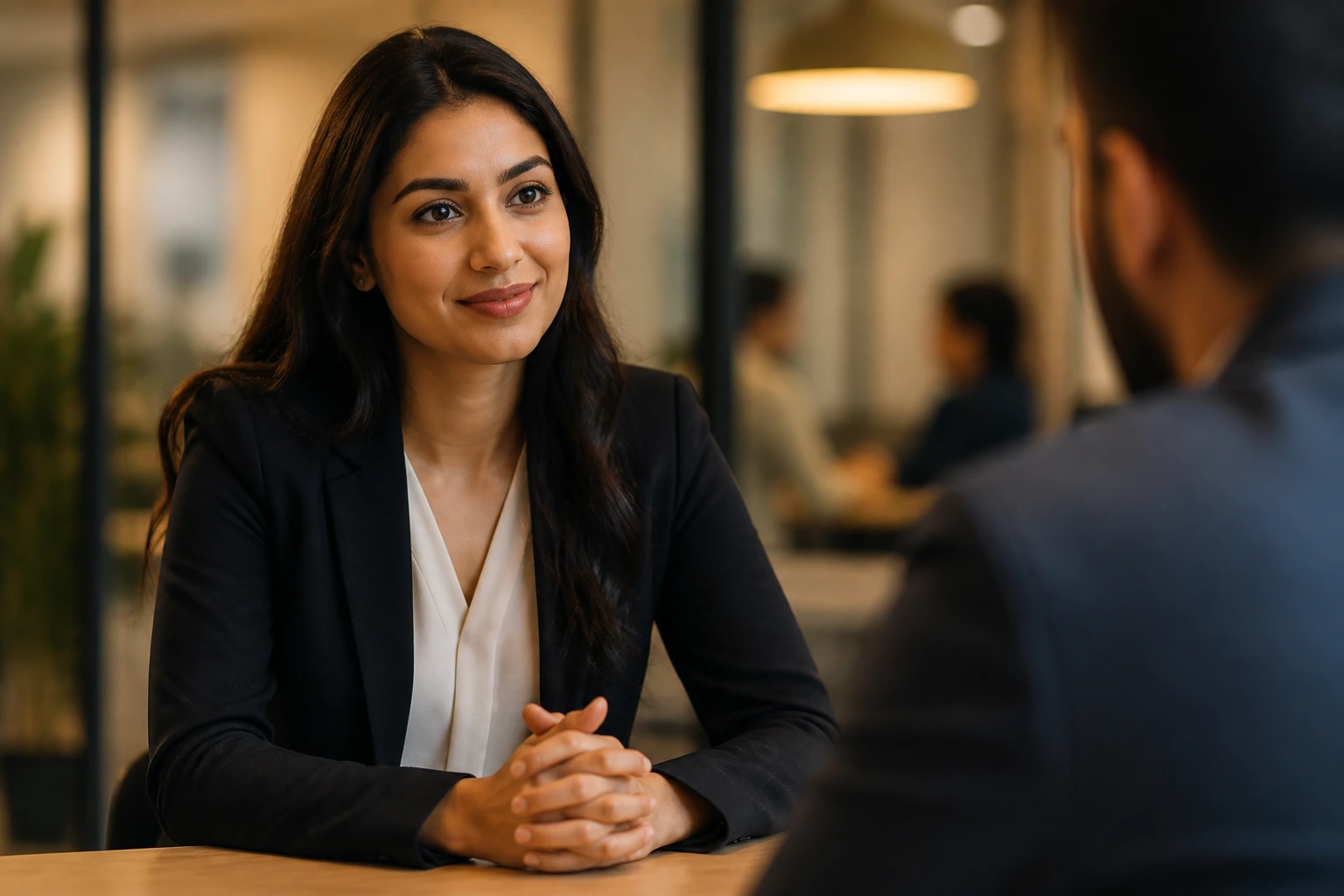 Close-up portrait of a candidate in a meeting room addressing the interviewer to counter the Canadian experience myth