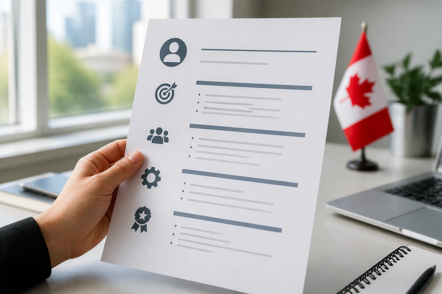 Hand holding blank resume sheet with icons in a modern office