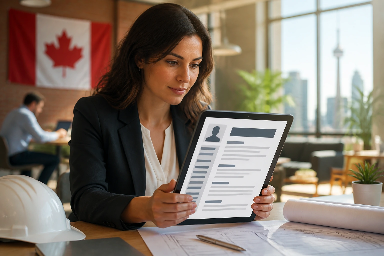 Professional woman reviewing a tablet with an abstract resume layout