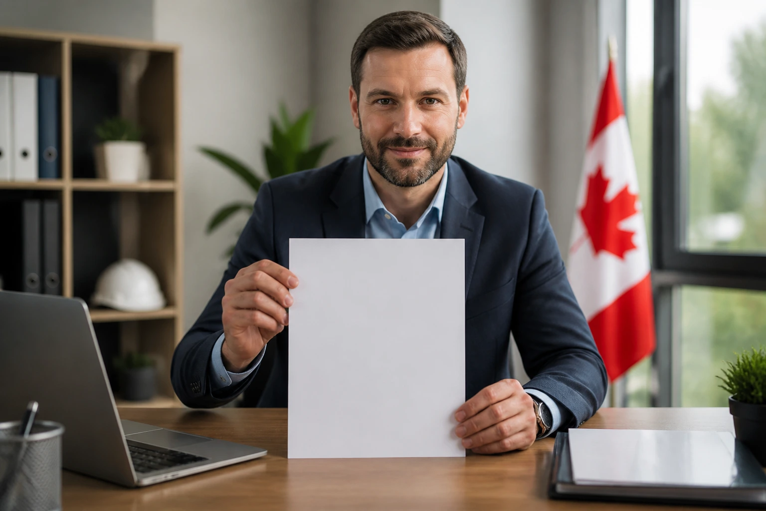 Close-up portrait of a professional at a desk with a blank resume, no text visible, in a modern Canadian-style office