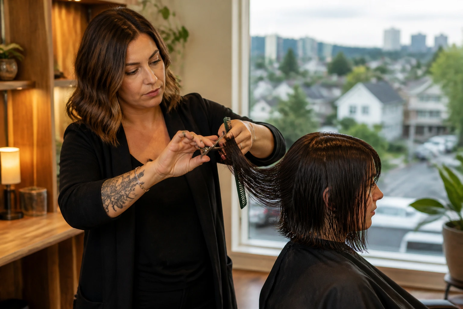 Hairstylist working with client in a suburban Canadian salon