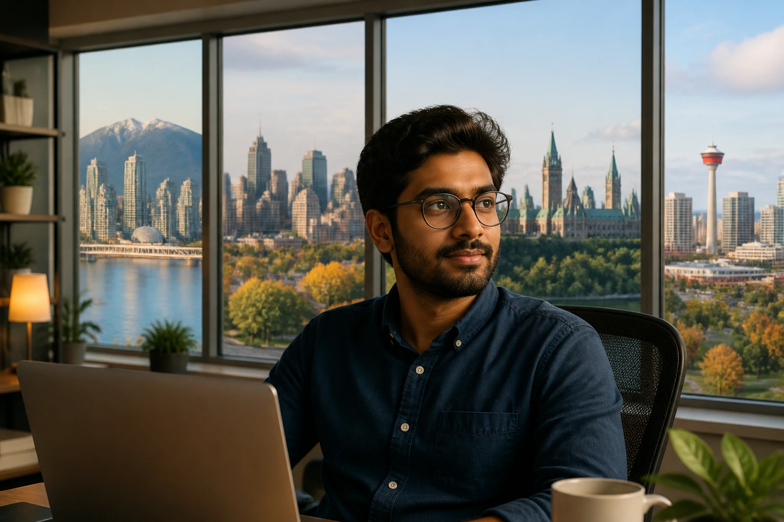 Professional portrait in a modern office with city silhouettes