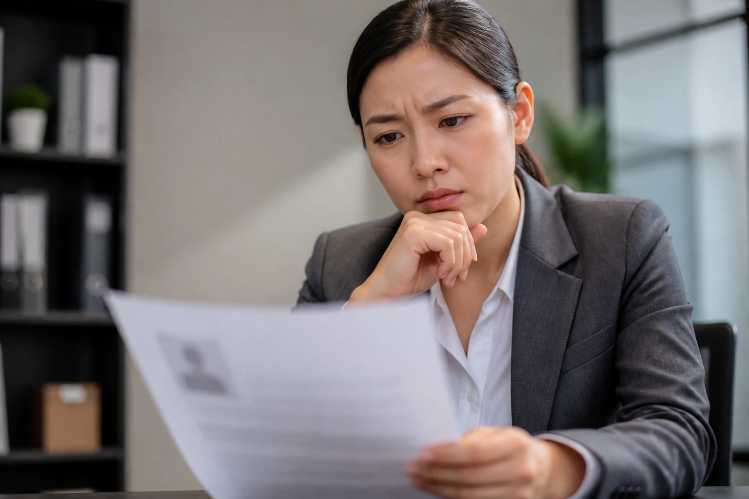 Candidate looking concerned at a desk with a blurred resume
