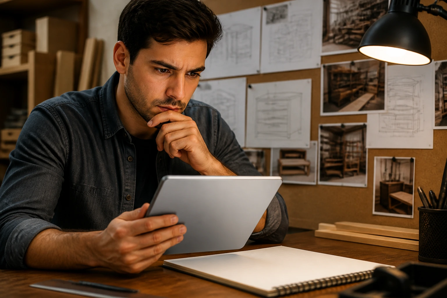 Close-up of a candidate at a desk preparing before applying, with tablet and blank notebook.