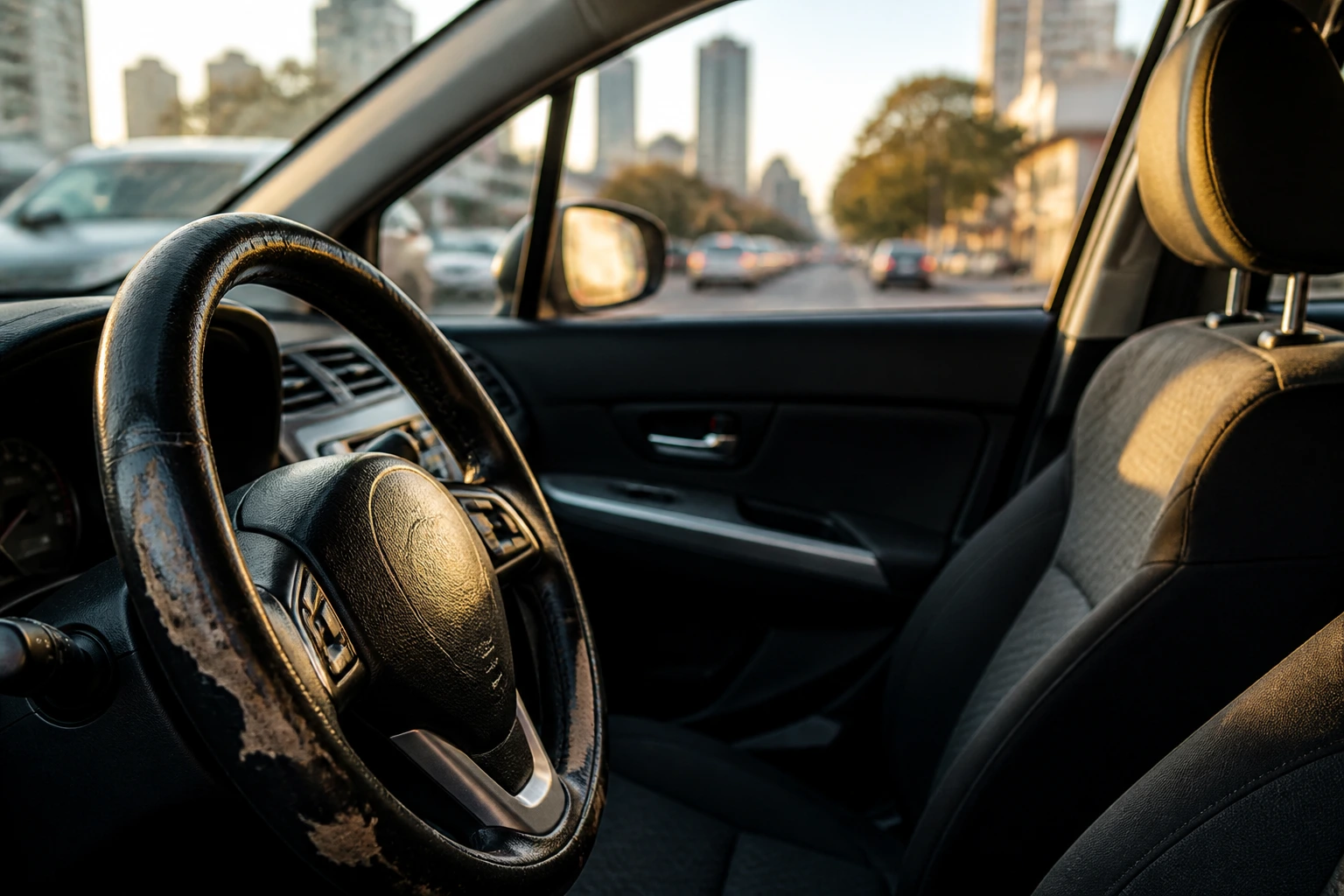 Close-up of a worn car interior highlighting maintenance costs and wear in a rideshare vehicle.