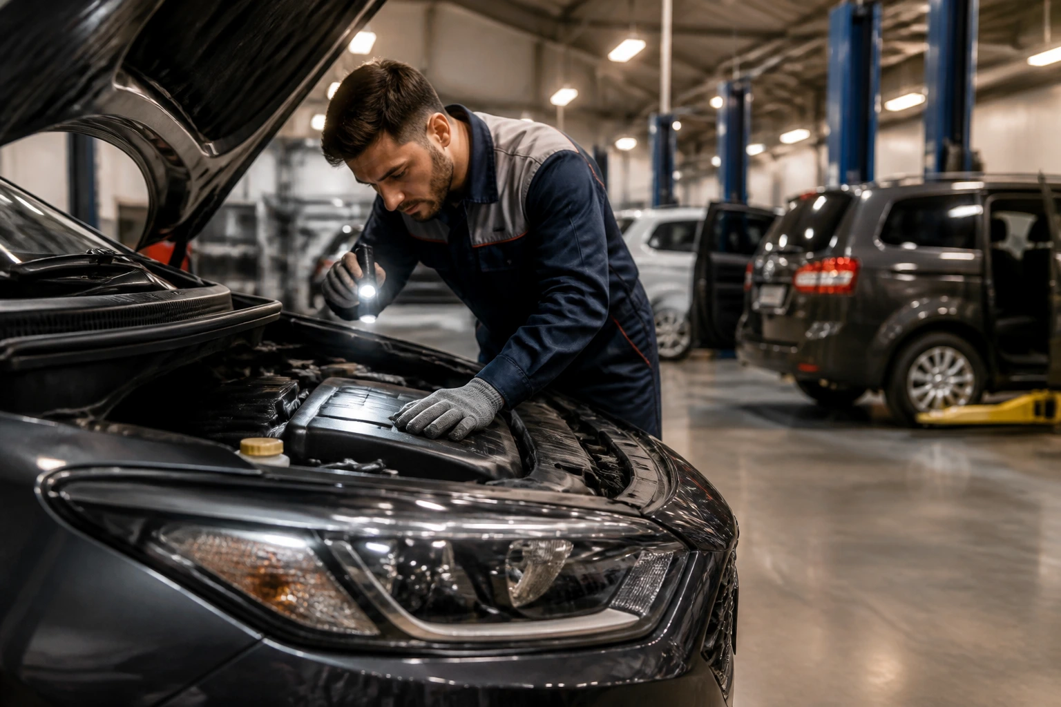 Close-up of a car engine bay with a mechanic inspecting it in a fleet service bay