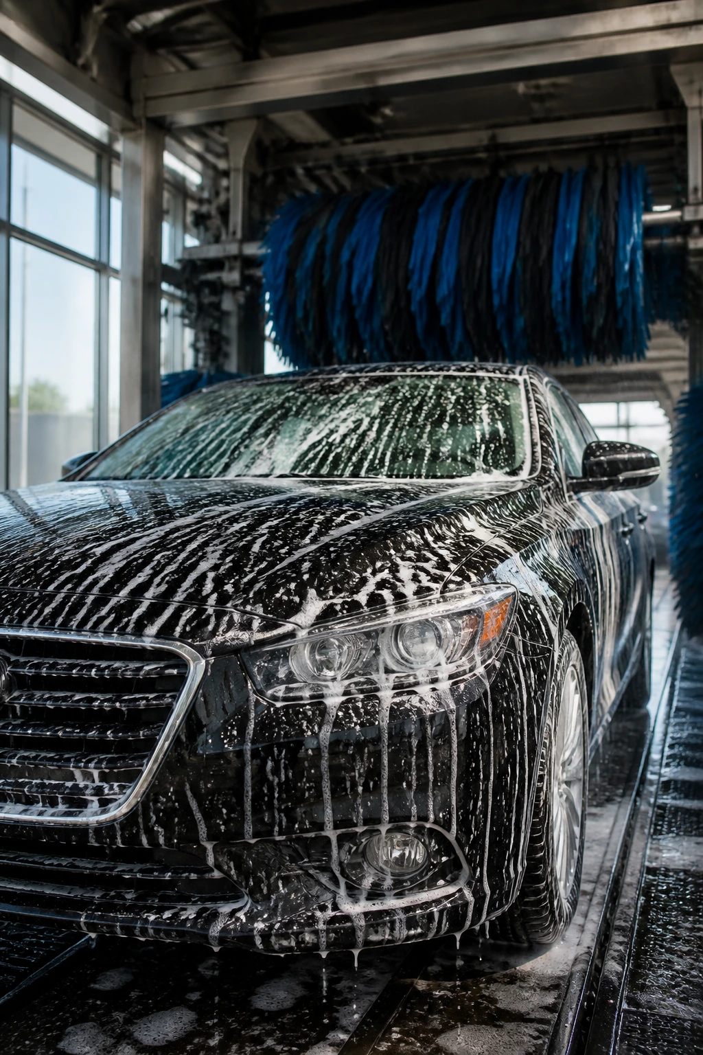 Close-up of a car being cleaned in a modern car wash bay with foam and brushes